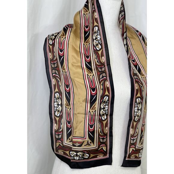Elaine Paine Silk Scarf Skemo Canada Tan Red Totem Pole Native 8.5x48" Vintage - Picture 2 of 8